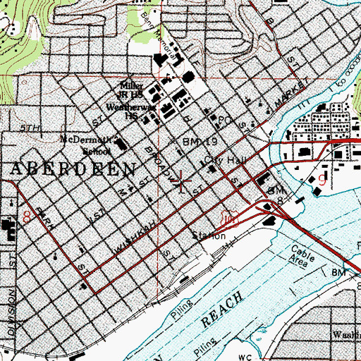 Topographic Map of Aberdeen Timberland Library, WA