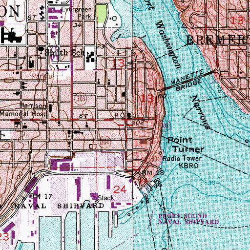 Topographic Map of Bremerton City Hall, WA