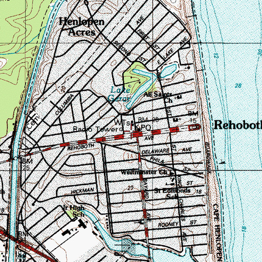 Topographic Map of Rehoboth Beach Volunteer Fire Company, DE