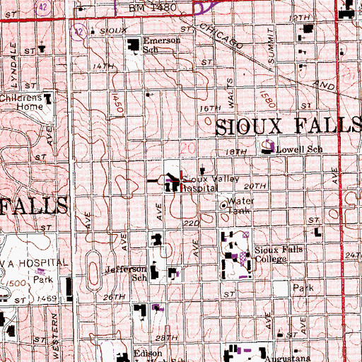 Topographic Map of Sanford University of South Dakota Medical Center, SD