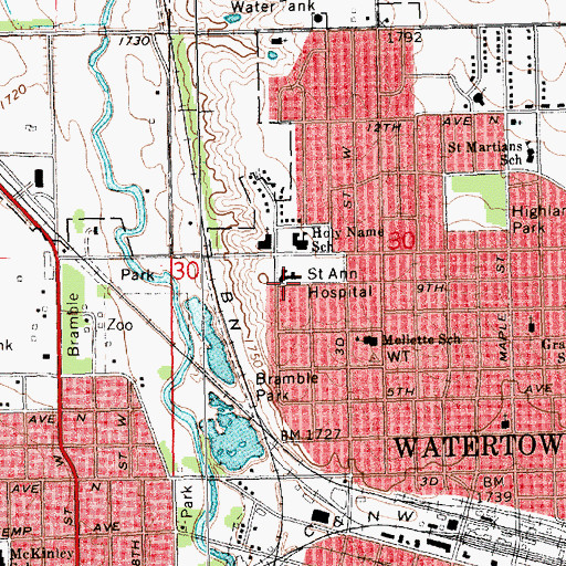 Topographic Map of Prairie Lakes Healthcare System, SD