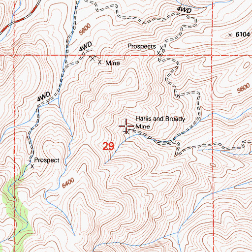 Topographic Map of Harlis and Broady Mine, CA