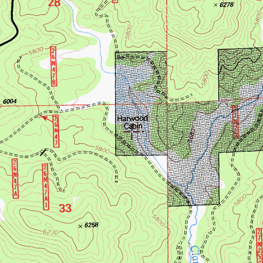 Topographic Map of Harwood Cabin, CA