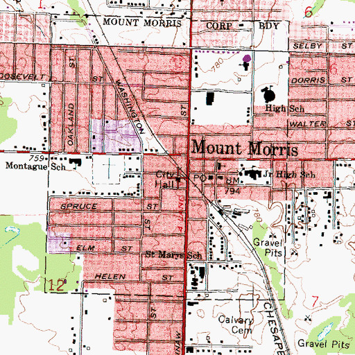 Topographic Map of Mount Morris Police Department, MI