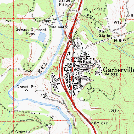 Topographic Map of Garberville Census Designated Place, CA