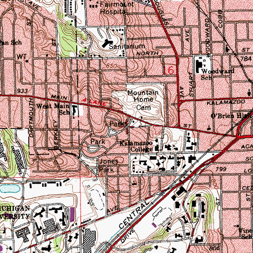 Topographic Map of Henderson Park West Main Hill Historic District Historical Marker, MI