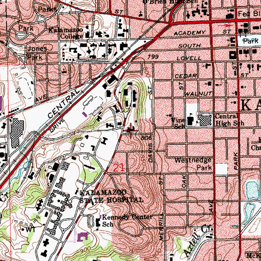Topographic Map of Walwood Hall, MI