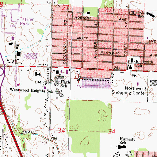 Topographic Map of Westwood Heights Free Methodist Church, MI