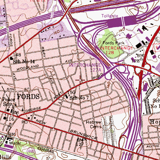 Topographic Map of Fords Fire Company 7 District, NJ