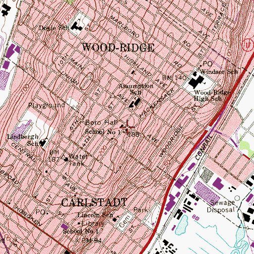 Topographic Map of Wood - Ridge Fire Department, NJ