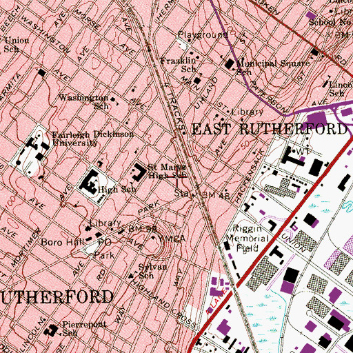 Topographic Map of Rutherford Fire Department Ames Avenue Station, NJ