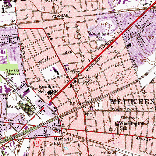 Topographic Map of Metuchen Volunteer Fire Department, NJ