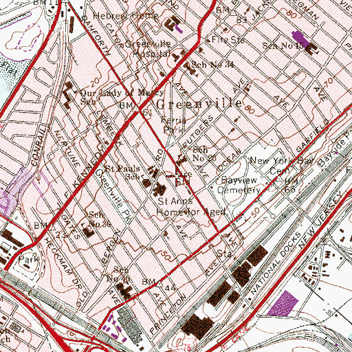 Topographic Map of Jersey City Fire Department Engine 13, NJ