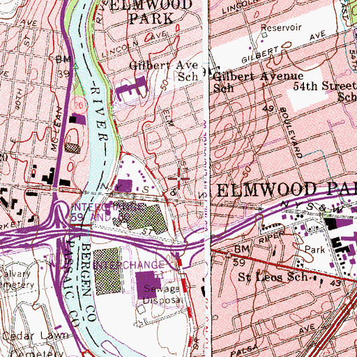 Topographic Map of Elmwood Park Fire Department Station 1, NJ