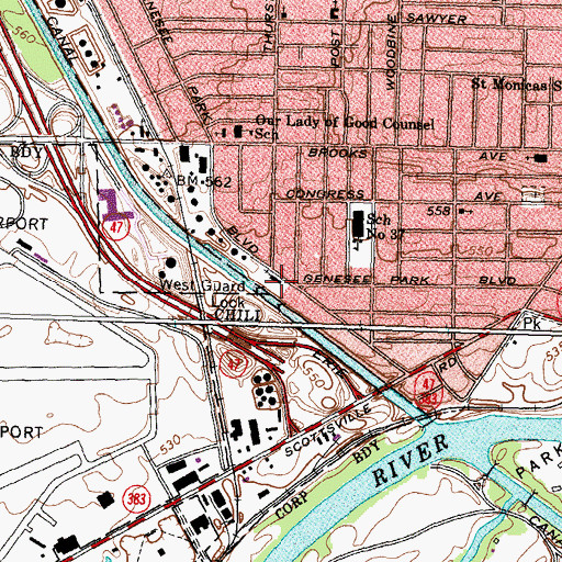 Topographic Map of Genesee Park Boulevard Church, NY