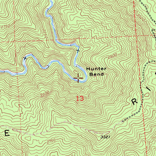 Topographic Map of Hunter Bend, CA