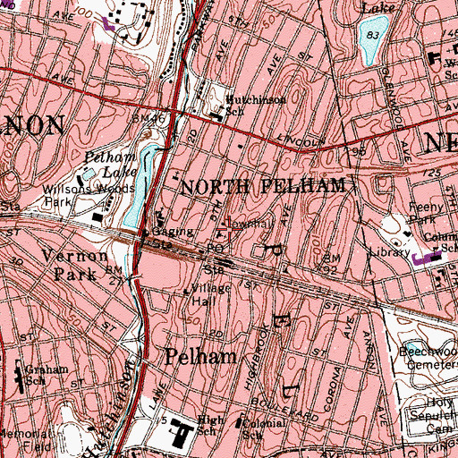 Topographic Map of Pelham Town Hall, NY