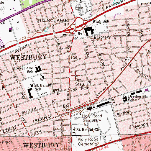 Topographic Map of Westbury Village Hall, NY