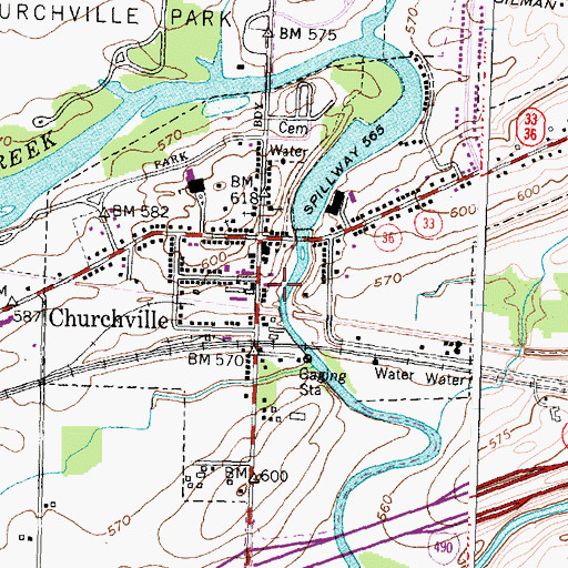 Topographic Map of Churchville Post Office, NY