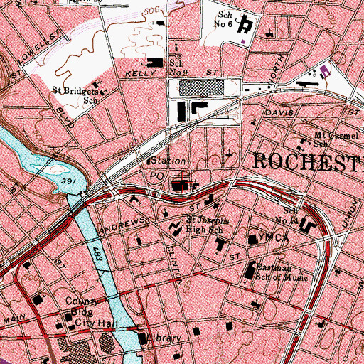 Topographic Map of Downtown Rochester Post Office, NY