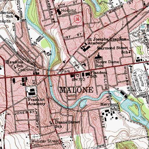 Topographic Map of Malone Post Office, NY