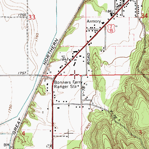 Topographic Map of Bonners Ferry Fire Department Station 2, ID