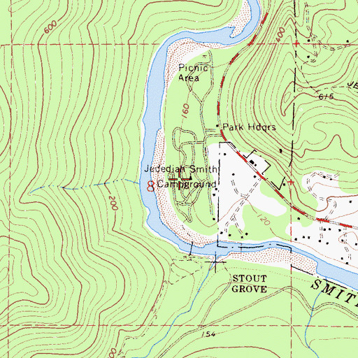 Topographic Map of Jedediah Smith Campground, CA