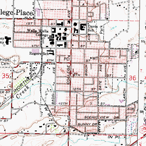 Topographic Map of College Place Fire Department, WA