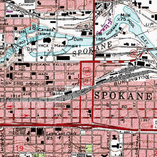 Topographic Map of Spokane Fire Department Station 1, WA