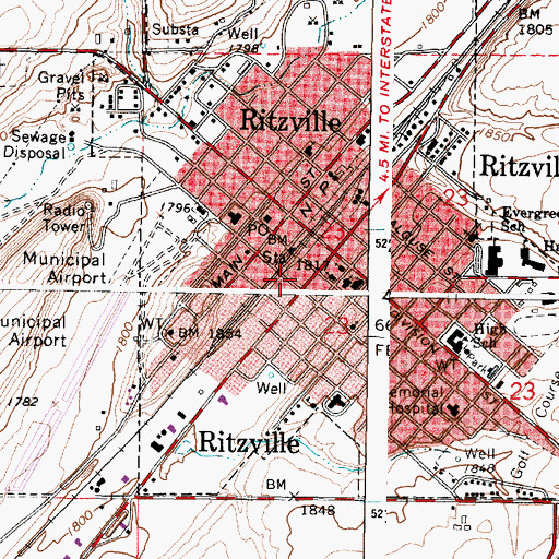 Topographic Map of Adams County Fire District 1 / Ritzville Fire Department, WA