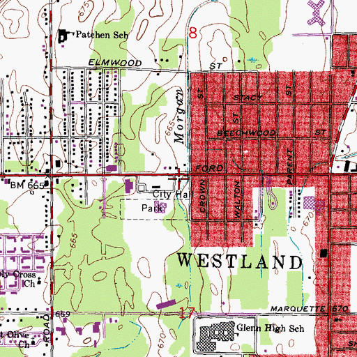 Topographic Map of Westland Fire Department Station 1 Headquarters, MI