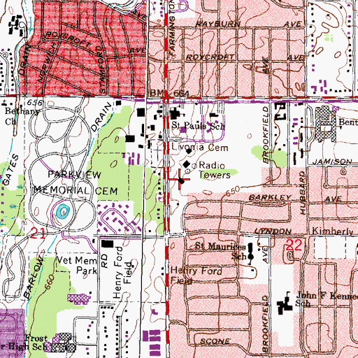 Topographic Map of Livonia Fire and Rescue Station 1 Headquarters, MI