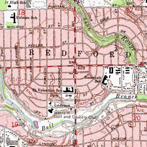 Topographic Map of Charter Township of Redford Fire Department Station 2 Central, MI
