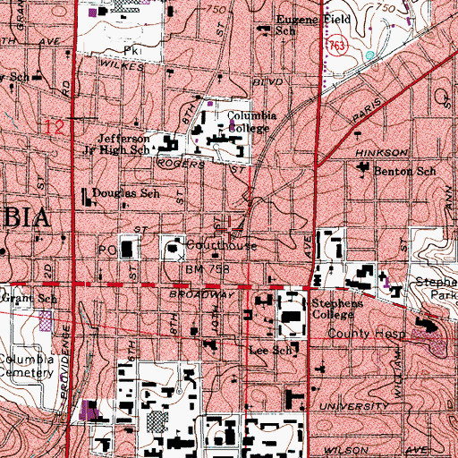 Topographic Map of Columbia Fire Department Station 1, MO