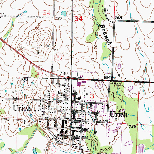 Topographic Map of Urich Volunteer Fire Department, MO