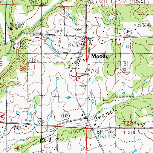 Topographic Map of Moody Volunteer Fire Department, MO