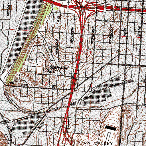 Topographic Map of Kansas City Missouri Fire Department Station 7, MO