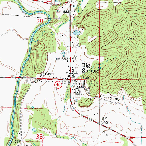 Topographic Map of Big Spring Fire Protection District Station 1, MO