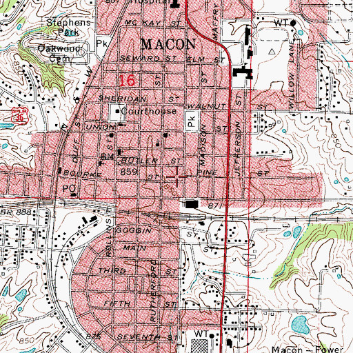 Topographic Map of Macon Fire Department, MO