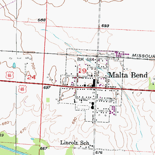 Topographic Map of Malta Bend Fire Station, MO