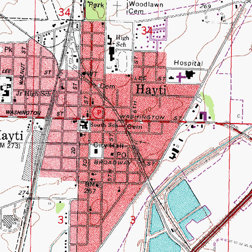 Topographic Map of Hayti Fire Department, MO