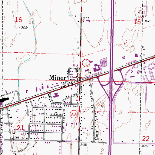 Topographic Map of Miner Fire Station, MO