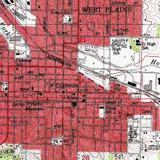 Topographic Map of West Plains Fire and Rescue Station 1 Headquarters, MO