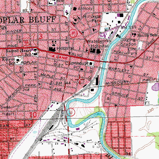 Topographic Map of Poplar Bluff Fire Department Station 1, MO