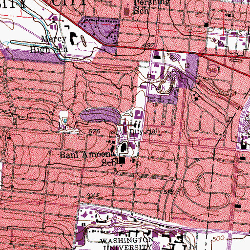 Topographic Map of University City Fire Department Station 1 Headquarters, MO