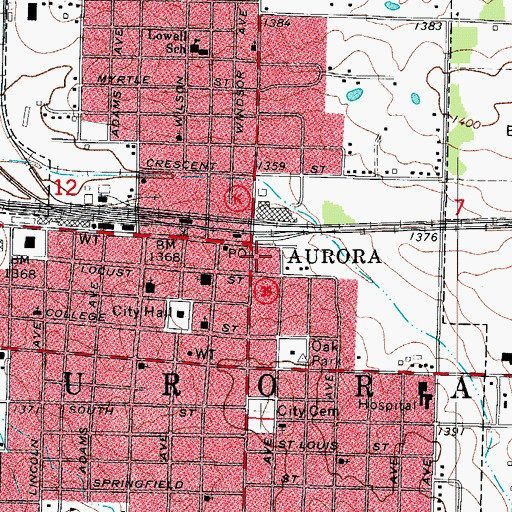 Topographic Map of Aurora Fire Department Station 1, MO