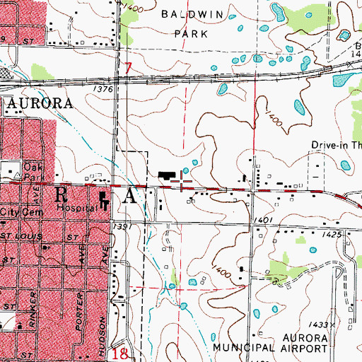 Topographic Map of Aurora Rural Fire Department Station 1, MO