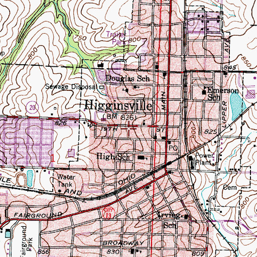 Topographic Map of Higginsville Fire Department, MO