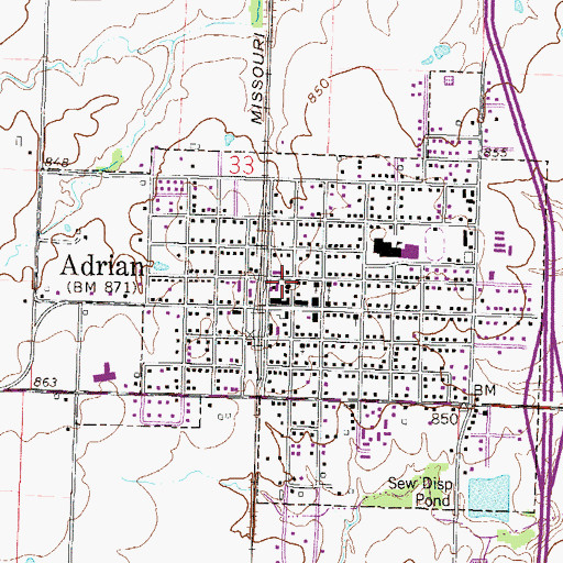 Topographic Map of Adrian Rural Fire Department, MO