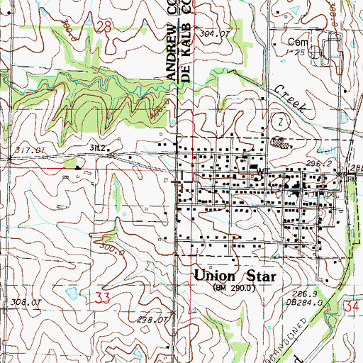 Topographic Map of Union Star Fire Protection District, MO
